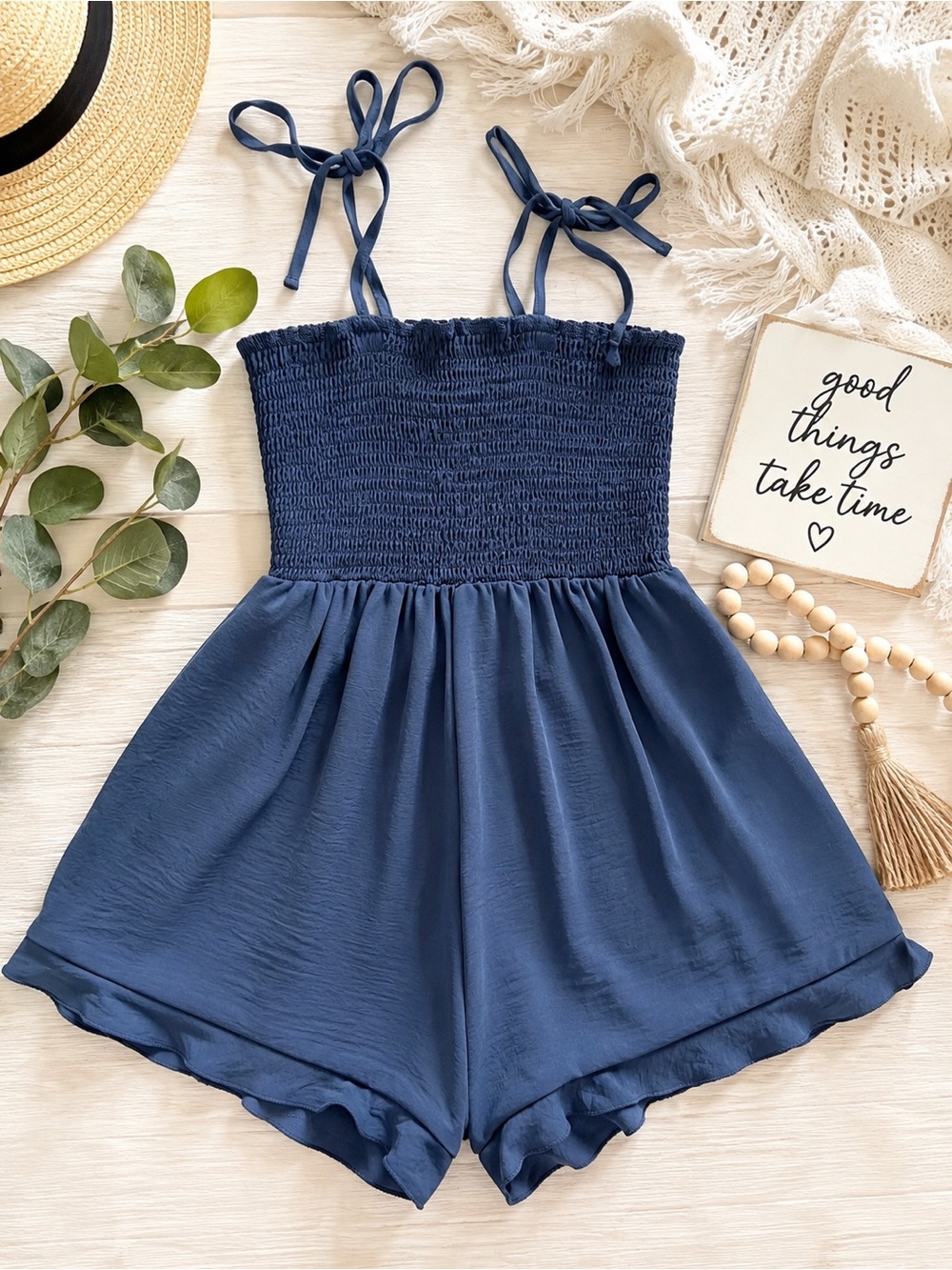 Beautiful Blue Smocked Tie-Strap Romper